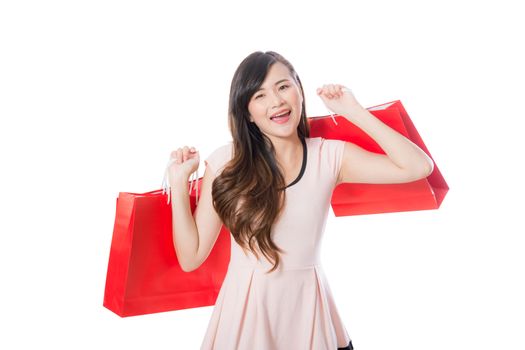 Beautiful of portrait young woman smiling holding paper bag isolated on white background, girl is customer or buyer, shopping concept.