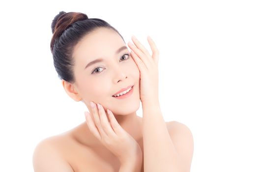 Portrait of beautiful woman asian makeup of cosmetic, girl hand touch cheek and smile attractive, face of beauty perfect with wellness isolated on white background with skin healthcare concept.