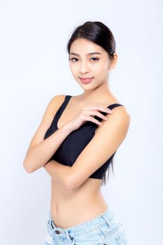 Portrait young asian woman smiling beautiful body diet with fit isolated on white background, model girl weight slim with cellulite or calories, health and wellness concept.