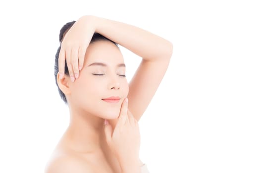 Portrait of beautiful asian woman makeup of cosmetic, girl smile attractive, face of beauty perfect with wellness isolated on white background with skin healthcare concept.