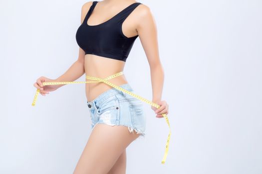 Asian woman diet and slim with measuring waist for weight isolated on white background, girl have cellulite and calories loss with tape measure, health and wellness concept.