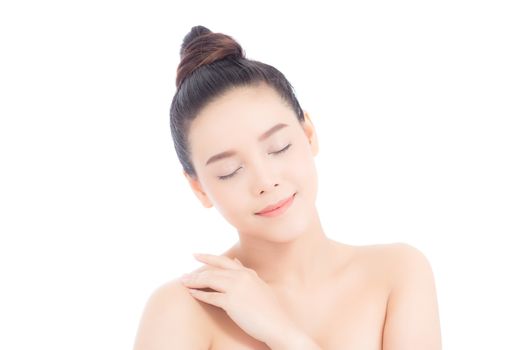 Portrait of beautiful asian woman makeup of cosmetic, girl touch shoulder and smile attractive, face of beauty perfect with wellness isolated on white background with skin healthcare concept.