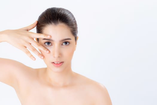 Portrait of beautiful woman makeup of cosmetic, girl hand eye and smile attractive, face of beauty perfect with wellness isolated on white background with skin healthcare concept.