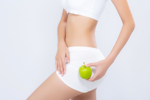 Beautiful body woman sexy slim holding green apple with cellulite, girl with fitness for weight loss and healthy isolated on white background, healthcare and diet concept.