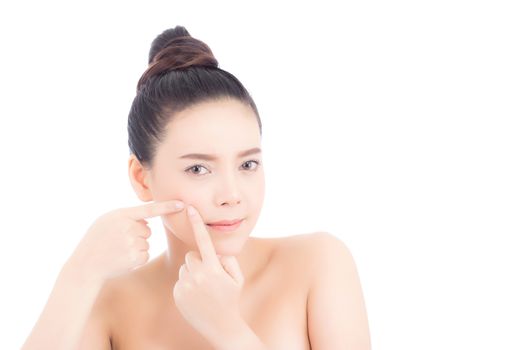 Portrait of beautiful woman asian is a acne, zit treatment, girl problem beautiful face, beauty perfect with wellness isolated on white background with skin healthcare concept.