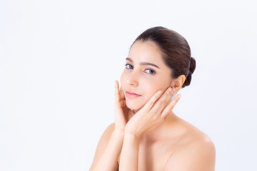 Portrait of beautiful woman asian makeup of cosmetic, girl hand touch cheek and smile attractive, face of beauty perfect with wellness isolated on white background with skin healthcare concept.