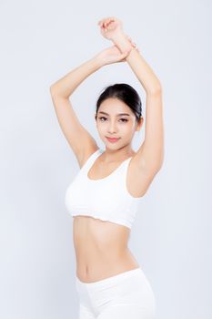 Portrait young asian woman smiling beautiful body diet with fit isolated on white background, model girl weight slim with cellulite or calories, health and wellness concept.