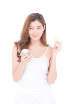 Portrait of beautiful asian woman applying powder puff at cheek makeup of cosmetic, beauty of girl with face smile isolated on white background, wellness and healthcare concept.