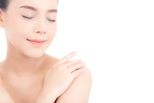 Portrait of beautiful asian woman makeup of cosmetic, girl touch shoulder and smile attractive, face of beauty perfect with wellness isolated on white background with skin healthcare concept.