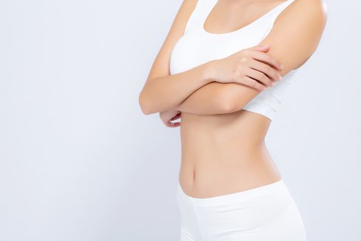 Closeup asian woman beautiful body diet with fit isolated on white background, model girl weight slim with cellulite or calories, health and wellness concept.