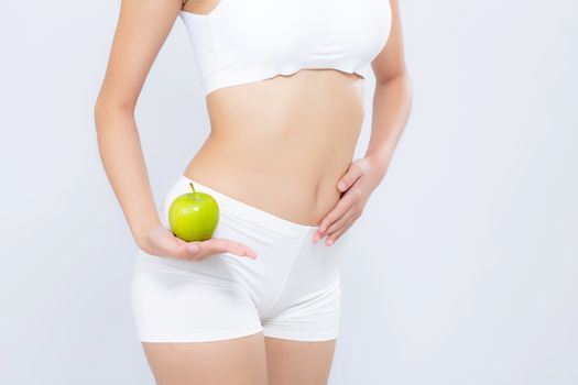 Beautiful body woman sexy slim holding green apple with cellulite for wellness, girl with fitness for weight loss and healthy isolated on white background, healthcare and diet concept.
