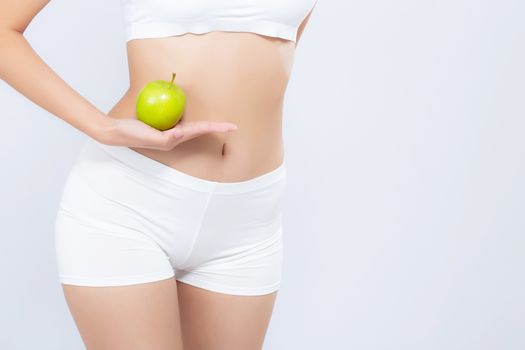Beautiful body woman sexy slim holding green apple with cellulite for wellness, girl with fitness for weight loss and healthy isolated on white background, healthcare and diet concept.