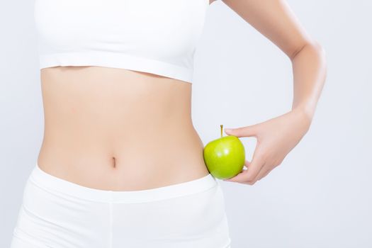 Beautiful body woman sexy slim holding green apple with cellulite for wellness, girl with fitness for weight loss and healthy isolated on white background, healthcare and diet concept.