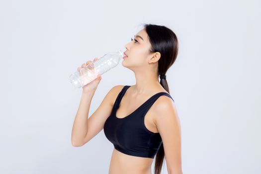 Beautiful portrait asian young woman bottle of water for healthy isolated on white background, girl with fit thirsty after exercise and fitness, health concept.