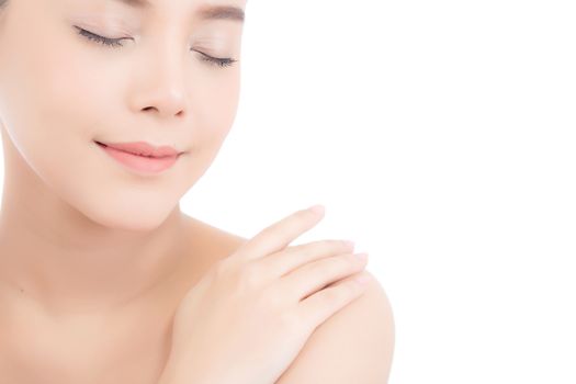 Portrait of beautiful asian woman makeup of cosmetic, girl touch shoulder and smile attractive, face of beauty perfect with wellness isolated on white background with skin healthcare concept.