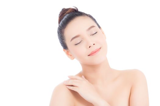 Portrait of beautiful asian woman makeup of cosmetic, girl touch shoulder and smile attractive, face of beauty perfect with wellness isolated on white background with skin healthcare concept.