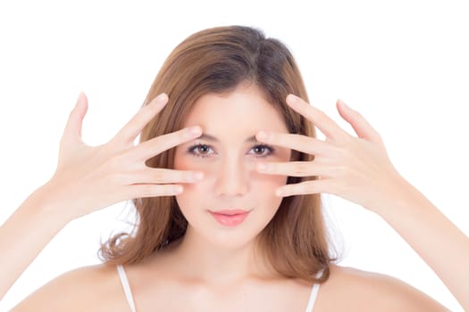 Portrait of beautiful woman makeup of cosmetic, girl hand eye and smile attractive, face of beauty perfect with wellness isolated on white background with skin healthcare concept.