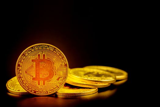 Golden bitcoin is currency digital money with crypto, coin with trade isolated on black background, business and finance concept.