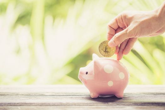 Saving golden bitcoin in piggy bank with hand, Digital currency money trading with cryptocurrency, coin with profit, finance concept.