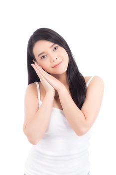 Portrait of beautiful woman asian makeup of cosmetic, girl hand touch cheek and smile attractive, face of beauty perfect with wellness isolated on white background with skin healthcare concept.