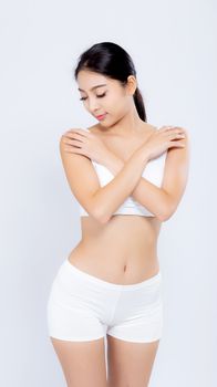 Portrait young asian woman smiling beautiful body diet with fit isolated on white background, model girl weight slim with cellulite or calories, health and wellness concept.