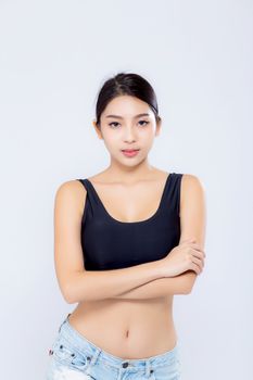 Portrait young asian woman smiling beautiful body diet with fit isolated on white background, model girl weight slim with cellulite or calories, health and wellness concept.