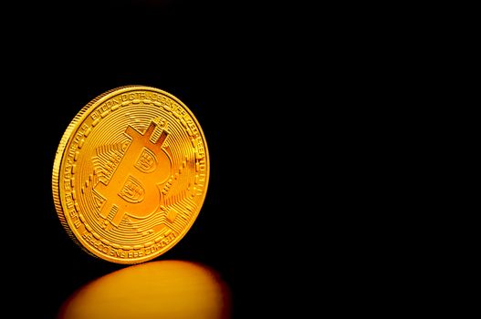 Golden bitcoin is currency digital money with crypto, coin with trade isolated on black background, business and finance concept.