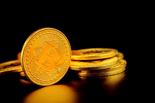 Golden bitcoin is currency digital money with crypto, coin with trade isolated on black background, business and finance concept.