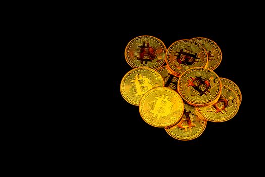 Golden bitcoin is currency digital money with crypto, coin with trade isolated on black background, business and finance concept.