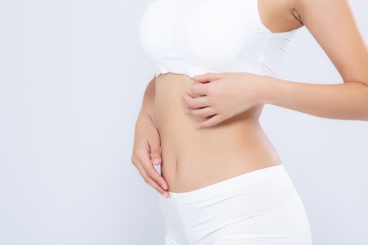Closeup asian woman beautiful body diet with fit isolated on white background, model girl weight slim with cellulite or calories, health and wellness concept.
