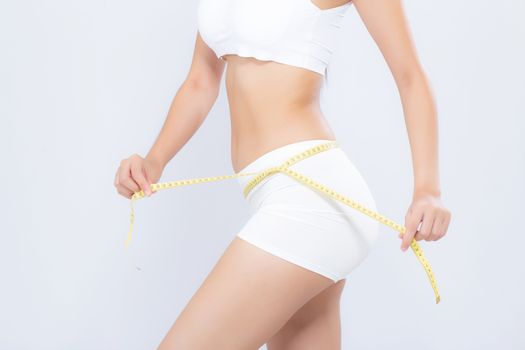 Asian woman diet and slim with measuring waist for weight isolated on white background, girl have cellulite and calories loss with tape measure, health and wellness concept.