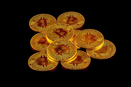 Golden bitcoin is currency digital money with crypto, coin with trade isolated on black background, business and finance concept.
