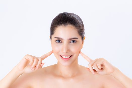 Portrait of beautiful woman asian makeup of cosmetic, girl hand touch cheek and smile attractive, face of beauty perfect with wellness isolated on white background with skin healthcare concept.