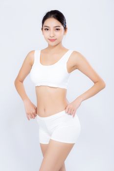 Portrait young asian woman smiling beautiful body diet with fit isolated on white background, model girl weight slim with cellulite or calories, health and wellness concept.
