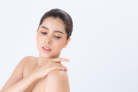 Portrait of beautiful asian woman makeup of cosmetic, girl touch  shoulder and smile attractive, face of beauty perfect with wellness isolated on white background with skin healthcare concept.