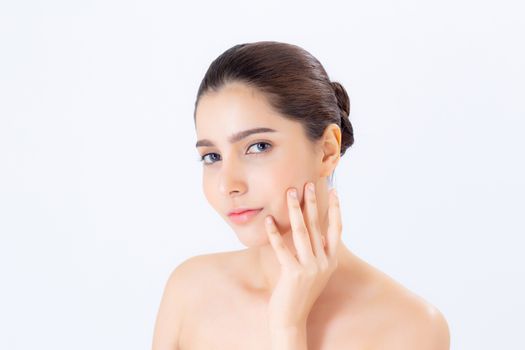 Portrait of beautiful woman asian makeup of cosmetic, girl hand touch cheek and smile attractive, face of beauty perfect with wellness isolated on white background with skin healthcare concept.