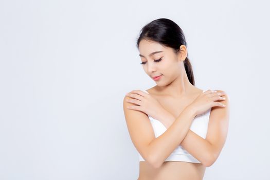 Portrait young asian woman smiling beautiful body diet with fit isolated on white background, model girl weight slim with cellulite or calories, health and wellness concept.