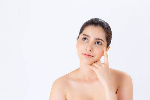 Portrait of beautiful woman asian makeup of cosmetic, girl hand touch cheek and smile attractive, face of beauty perfect with wellness isolated on white background with skin healthcare concept.