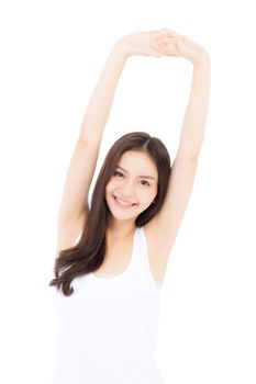 Beautiful portrait asian young woman smiling stretch hand with exercise and yoga isolated on white background, girl relax for health and wellness, lifestyle concept.