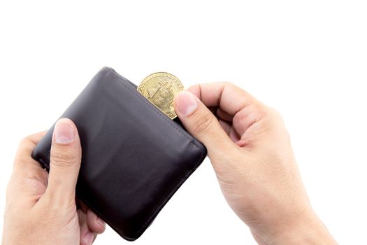 Hand holding gold bitcoin with leather wallet isolated on white background, coin money currency virtual digital exchange cash with crypto, technology finance trade, commercial business concept.