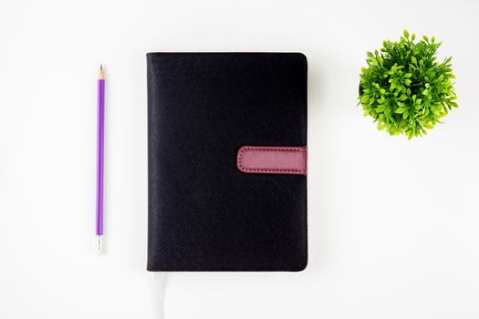 Black cover leather notebook or diary for reminder and memo and planner isolated on white background, book mockup and pencil and tree, education and supplies concept.