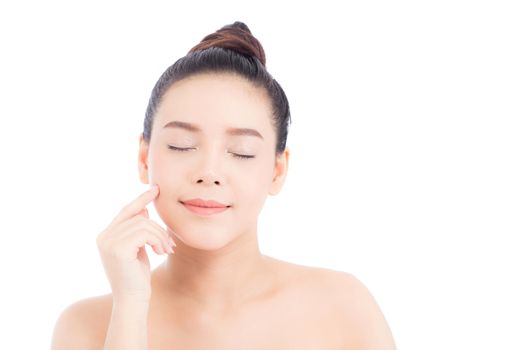 Portrait of beautiful woman asian makeup of cosmetic, girl hand touch cheek and smile attractive, face of beauty perfect with wellness isolated on white background with skin healthcare concept.