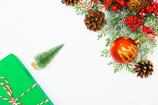 Christmas composition decorations, fir tree branches on white background. Merry Christmas concept. Copy space for text