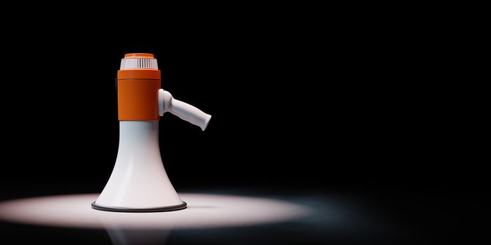 Orange and White Bullhorn Spotlighted on Black Background with Copy Space 3D Illustration