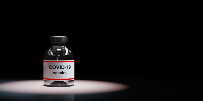 Covid 19 Vaccine Bottle Spotlighted on Black Background with Copy Space 3D Illustration