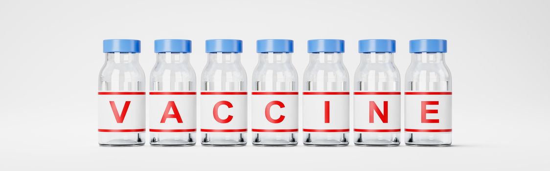Series of Vaccine Bottles with Text on Light Gray Background 3D Illustration