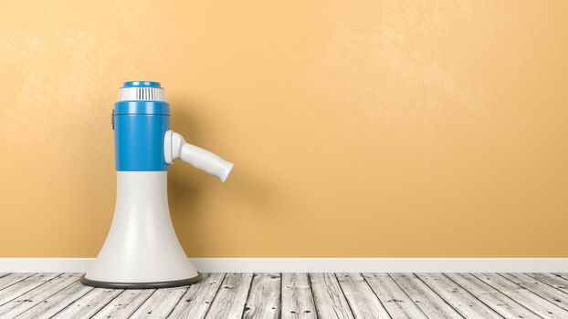 Blue and White Megaphone on Wooden Floor in a Orange Wall Room with Copy Space 3D Illustration