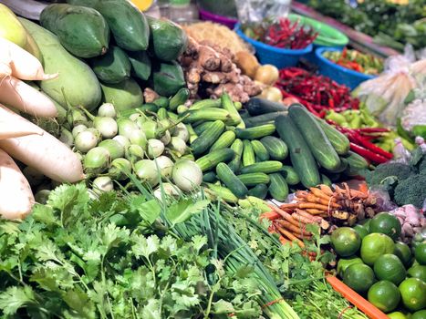 Fresh fruit and in vegetable shop on street market, Thailand