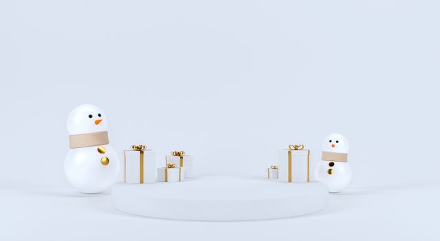 Snowman and gift box with empty space for text. 3d rendering