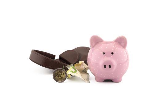 Open leather purse with crumpled banknotes, coins and cute pink piggy bank on white with copyspace for financial or savings concepts